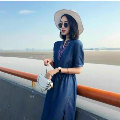 ĐẦM JEAN DENIM DÁNG XÒE CỔ TRỤ PHỐI VIỀN - ND506